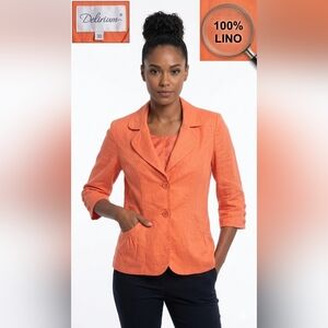 DELIRIUM Coral Orange Linen 3/4 Sleeve Blazer